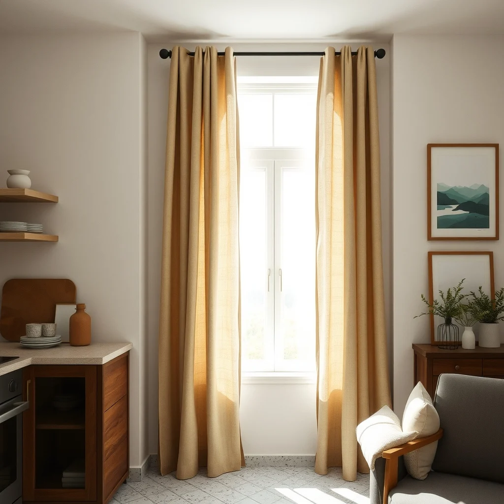 Bright kitchen window framed by airy greige linen curtains soft diffused sunlight bathing the room highlighting walnut cabinets speckled tile and brushed brass accents in a tranquil natural light composition