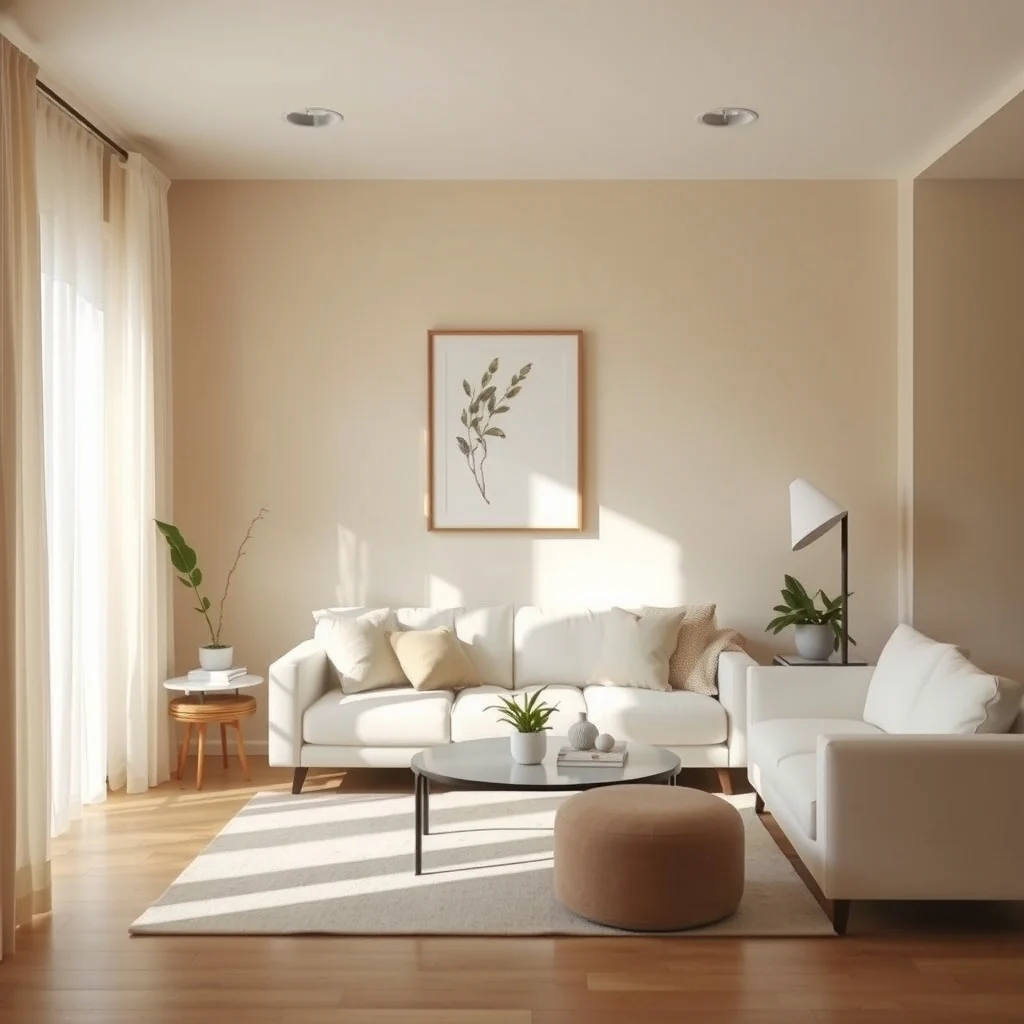 Bright living room with soft greige matte scrubbable walls natural daylight flooding through sheer curtains sleek white sofa abstract botanical print above subtle shadowed corners highlighting the clean finish