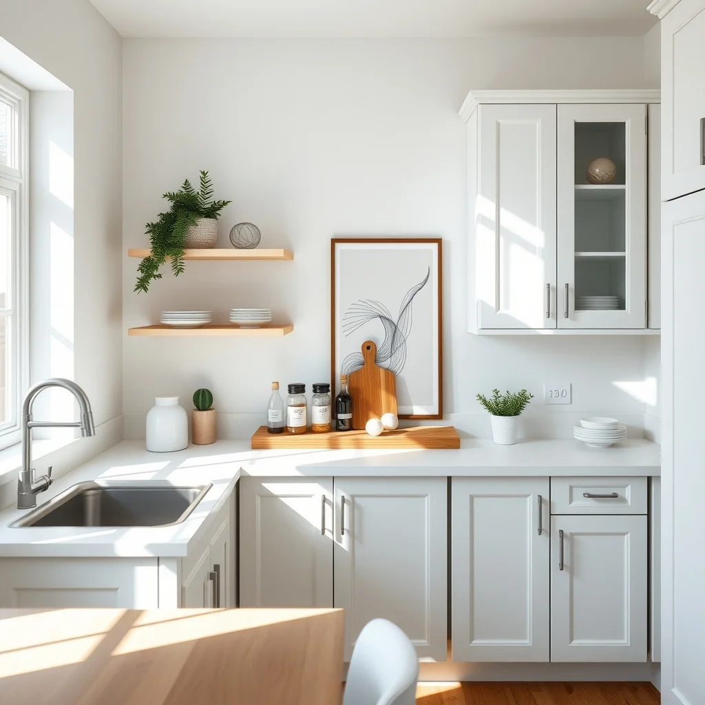 Bright minimalist kitchen with white shaker cabinets a narrow light oak open shelved riser spanning the countertop holding a cutting board and spices soft morning sunlight streams from a nearby window casting gentle shadows