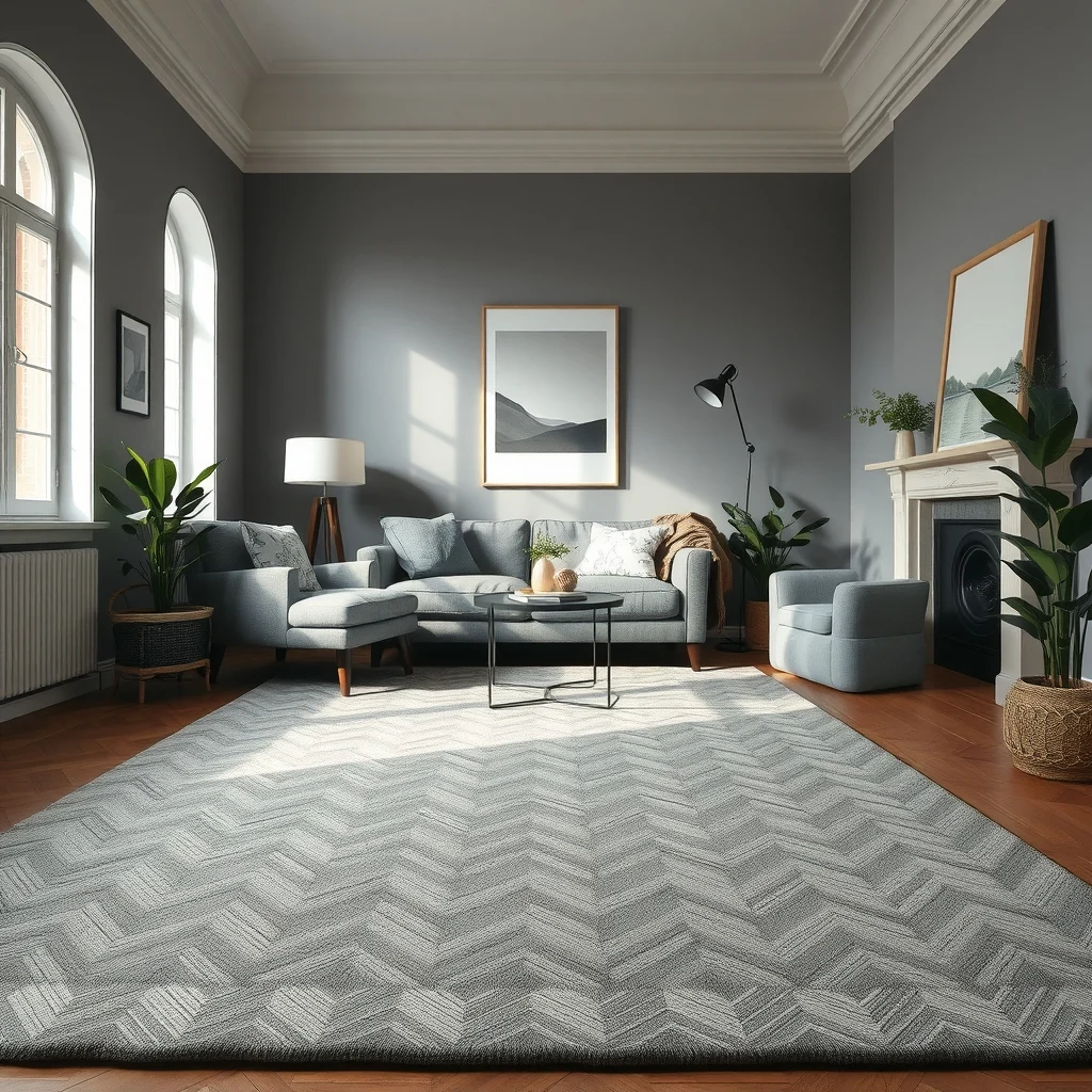 Center frame view of a muted gray herringbone rug anchoring the room soft under foot texture contrasted with a dark