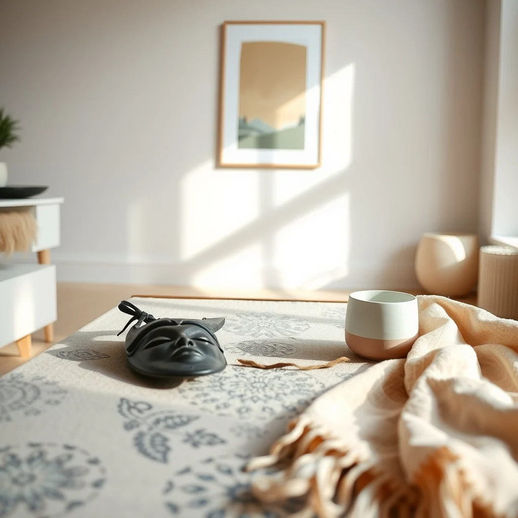 Close up flat lay of a coffee table displaying an African mask a patterned rug swatch a ceramic pot and a soft pastel throw soft natural light highlights textures