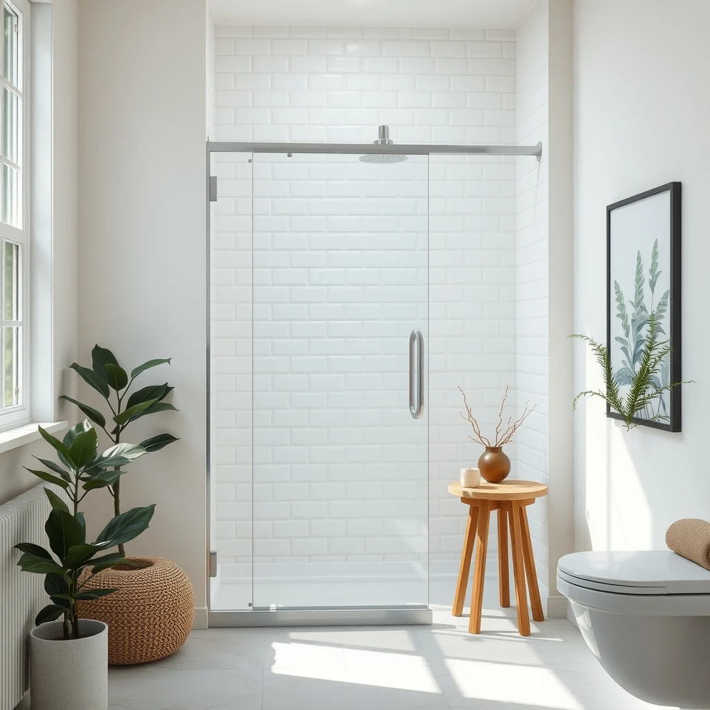 Close up of a frameless glass shower enclosure sliding panel clear tempered glass beside white subway tiles minimal chrome handle soft daylight streaming creating uninterrupted sightlines across the compact bathroom