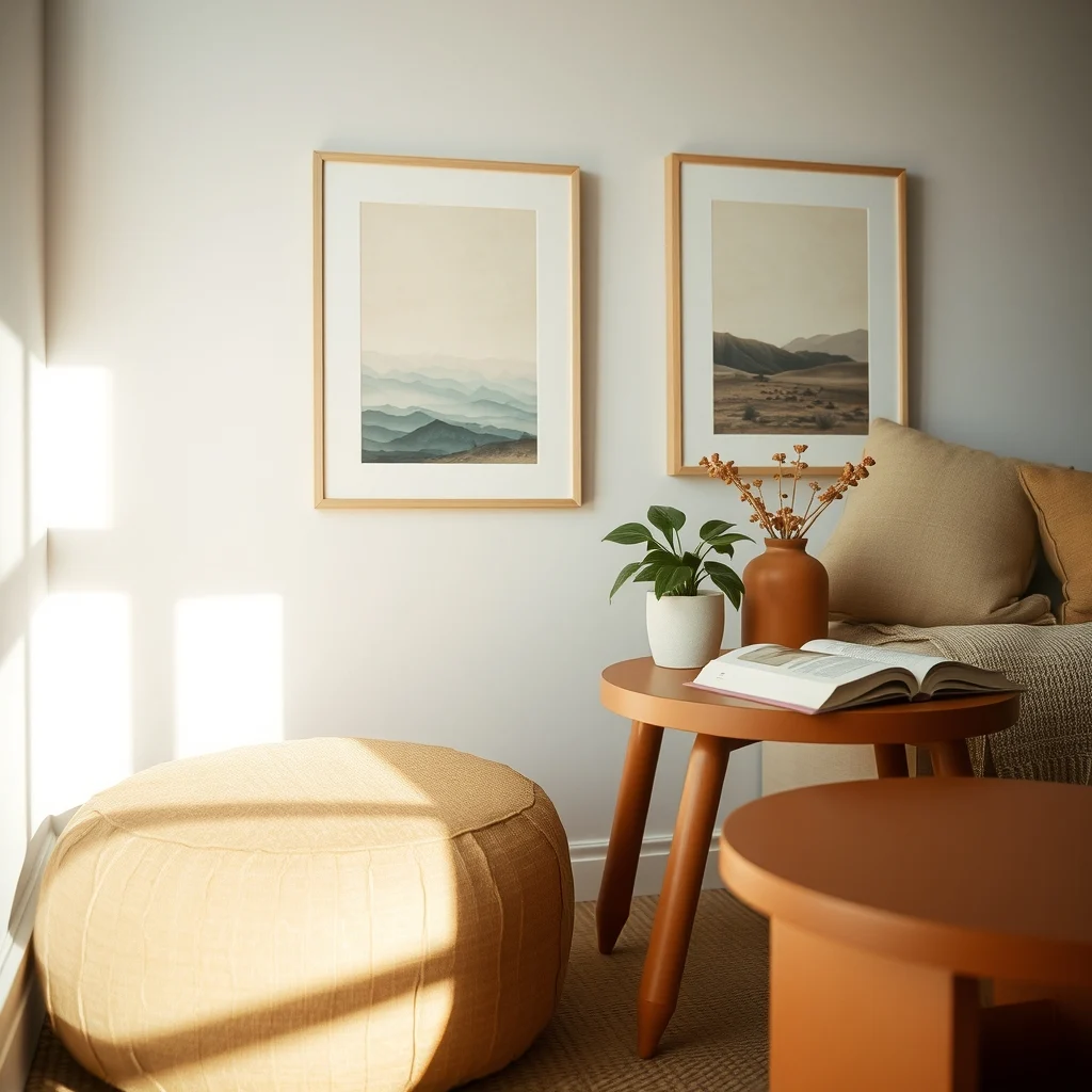 Close up of a jute pouf beside a reading nook natural light spills over a painted terracotta side table earthy tones subtle shadows emphasize texture