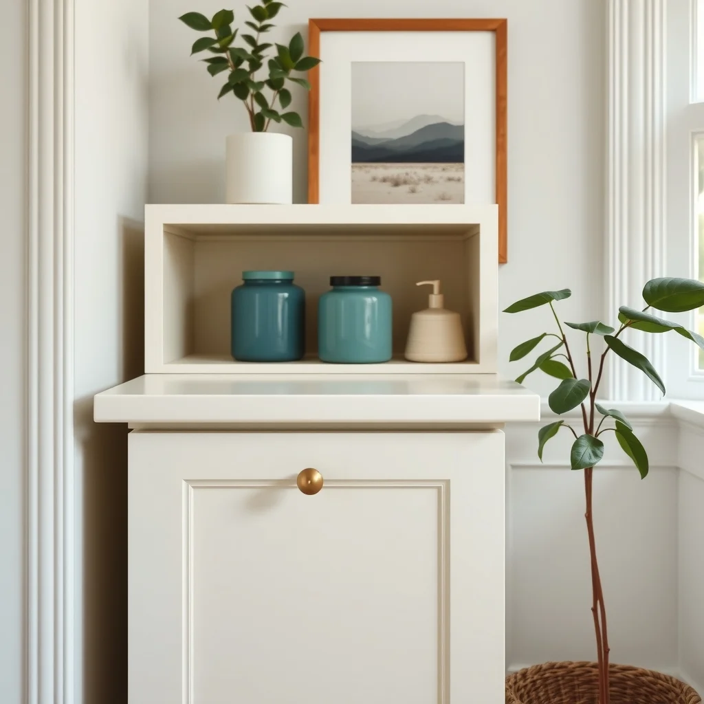 Close up of a vanity cabinet painted light oil ivory smooth foam roller finish with a thin brass knob matching peel and stick shelf displaying teal ceramic jars