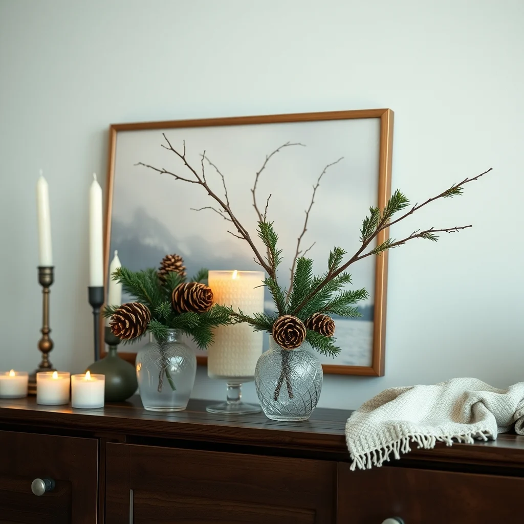 Close up of a winter vignette frosted glass vases filled with pine cones and evergreen branches on a dark walnut console subtle candlelight flickering muted teal and ivory backdrop rustic chic