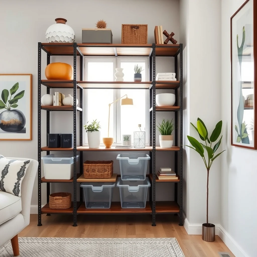 Close-up of adjustable metal shelving system with walnut wood tiers stackable clear bins and