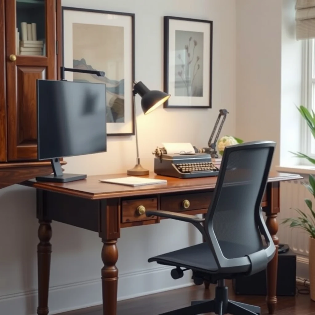 Close-up of an antique walnut writing desk with brass pulls paired beside a sleek mesh ergonomic chair discreet black monitor riser and a vintage typewriter illuminated by a warm amber desk lamp