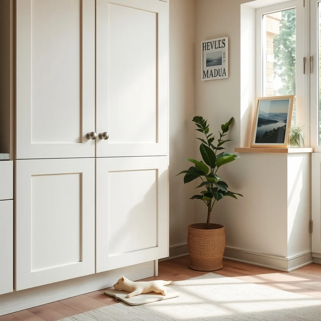 Close up of softened shaker cabinet doors brushed with a limewash finish crisp white wash hue subtle grain minimalist brushed nickel hardware soft directional lighting highlights the smooth surface and timeless