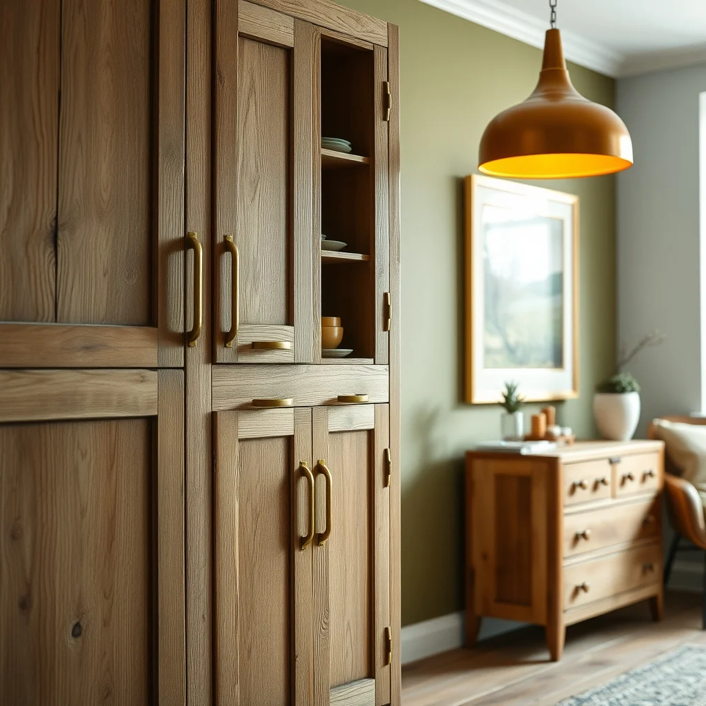 Close-up of weathered reclaimed oak cabinets featuring light distress brushed brass handles and hinges warm amber pendant glow subtle shadow on olive wall highlighting tactile warmth and vintage authenticity