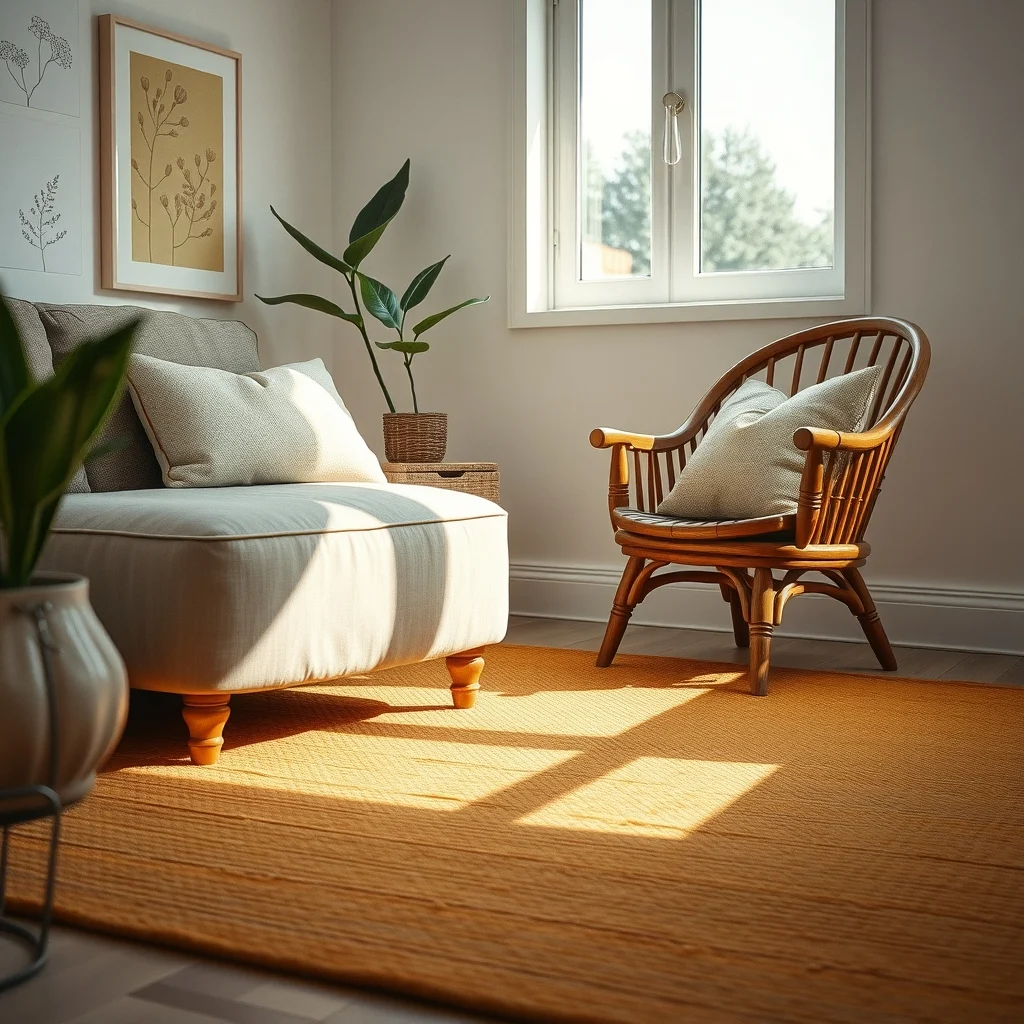 Close up vignette of a low carved wooden armchair beside a linen covered ottoman in muted ochre textured rug underneath natural light from a nearby window highlighting grain