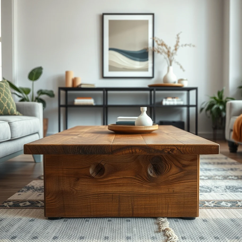Close up vignette of reclaimed oak coffee table with raw edge visible nail holes and weathered patina centered beneath a sleek glass top modern console soft ambient lighting highlighting contrast