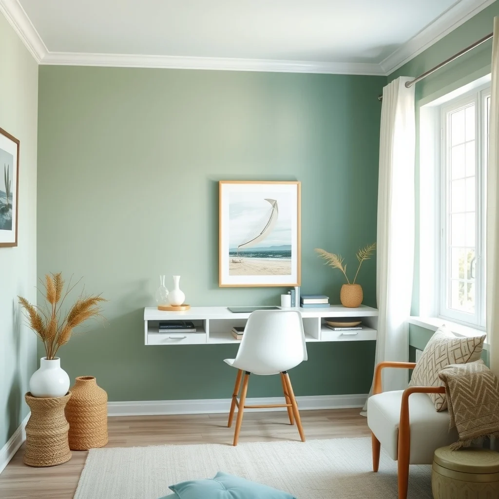 Coastal-inspired office wall painted muted sage one accent wall in deeper teal white floating desk glass vases natural light highlights soft tones creating tranquil atmosphere
