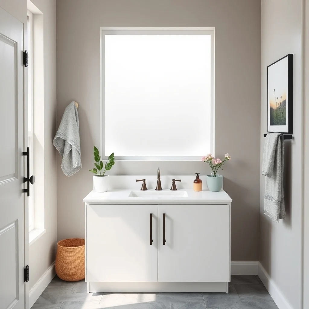 Contemporary bathroom vanity with flat white slab cabinets matte black brushed brass pulls oil rubbed bronze knobs on towel rack soft daylight through frosted window and a pebble gray tile floor
