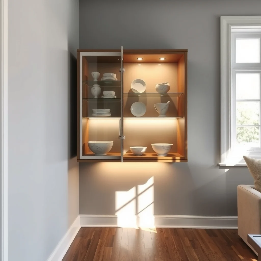 Contemporary floating corner cabinet with clear glass doors brushed nickel hardware pale gray wall ambient LED strip lighting beneath wide shot revealing displayed vintage china marble bowls and a subtle reflection on polished hardwood floor