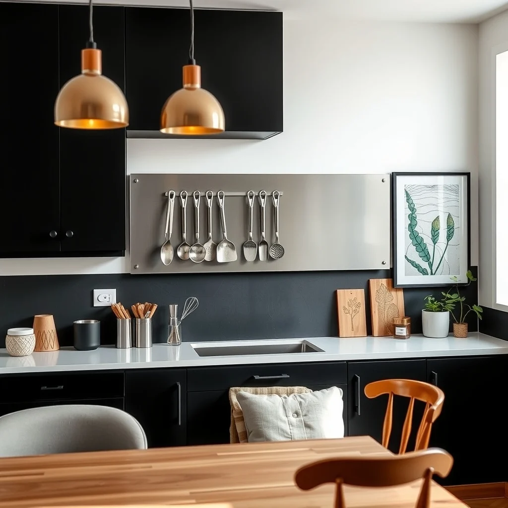 Contemporary kitchen wall above the counter features a full width brushed steel magnetic board displaying sleek metal spatulas tongs and stainless containers matte black cabinets and warm pendant lighting create a balanced