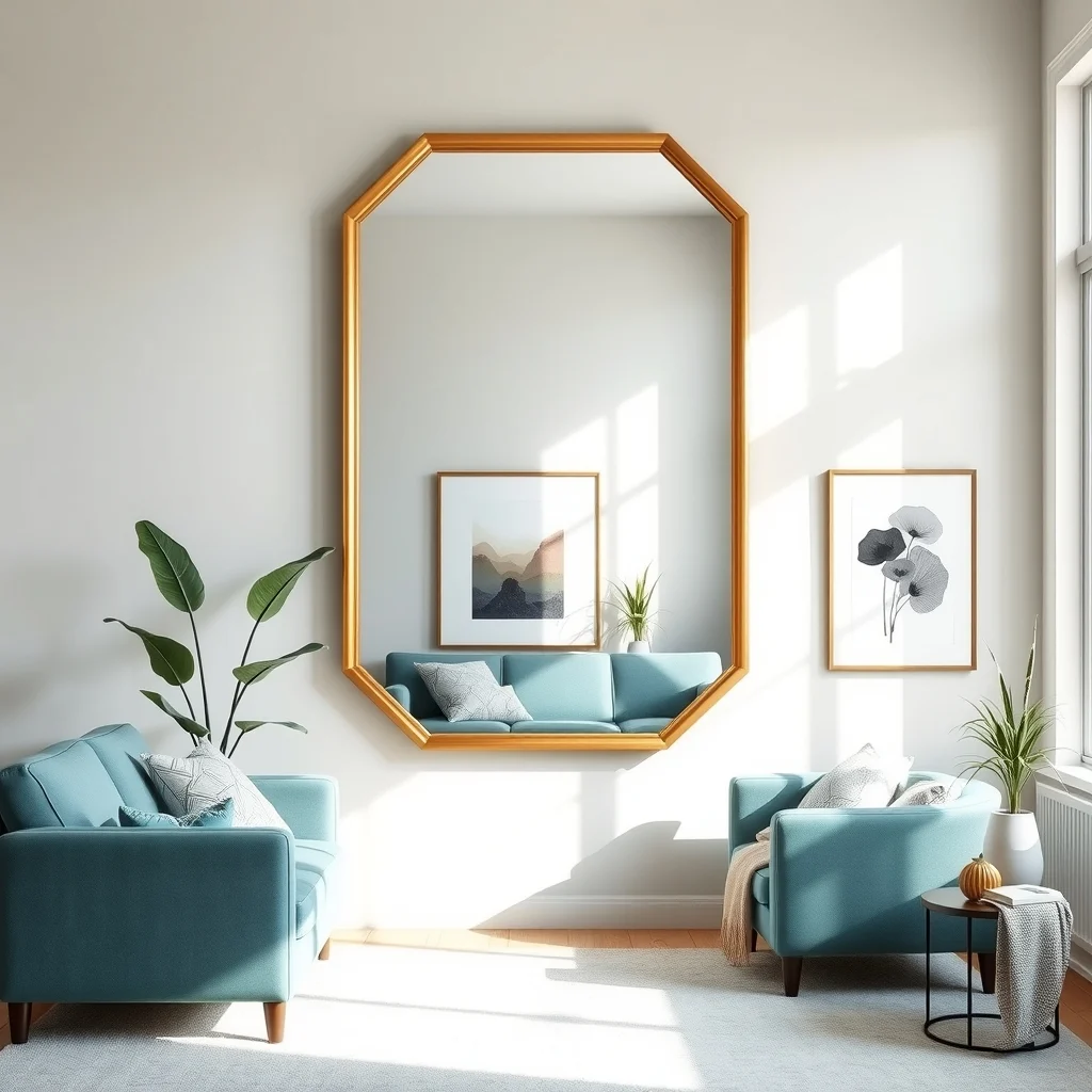 Contemporary living room wall featuring a large hexagonal brushed brass framed mirror reflecting a muted teal sofa and natural light creating depth and a focal point in the airy space