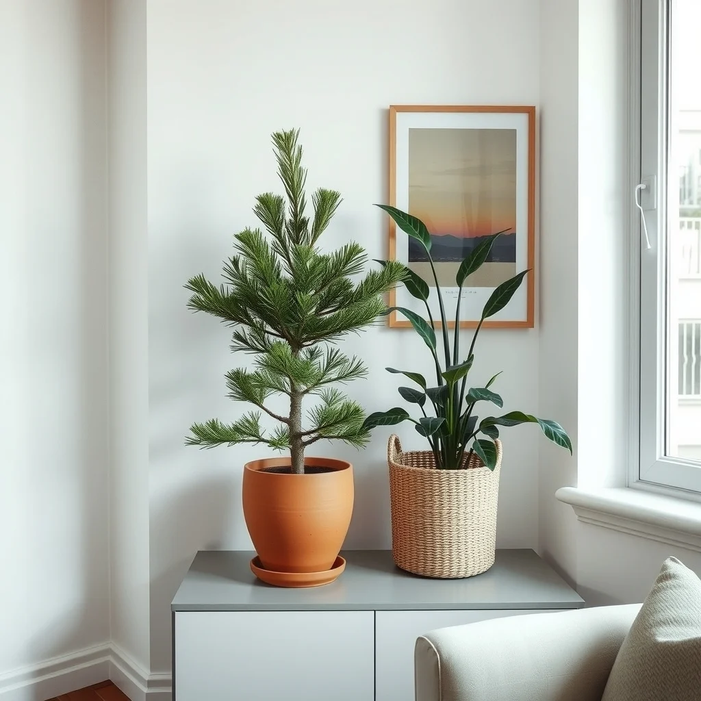 Corner display with a potted Norfolk Island pine in a matte terracotta pot alongside a sturdy ZZ plant in a woven basket frosted glass shelves cool winter daylight organic minimalist style