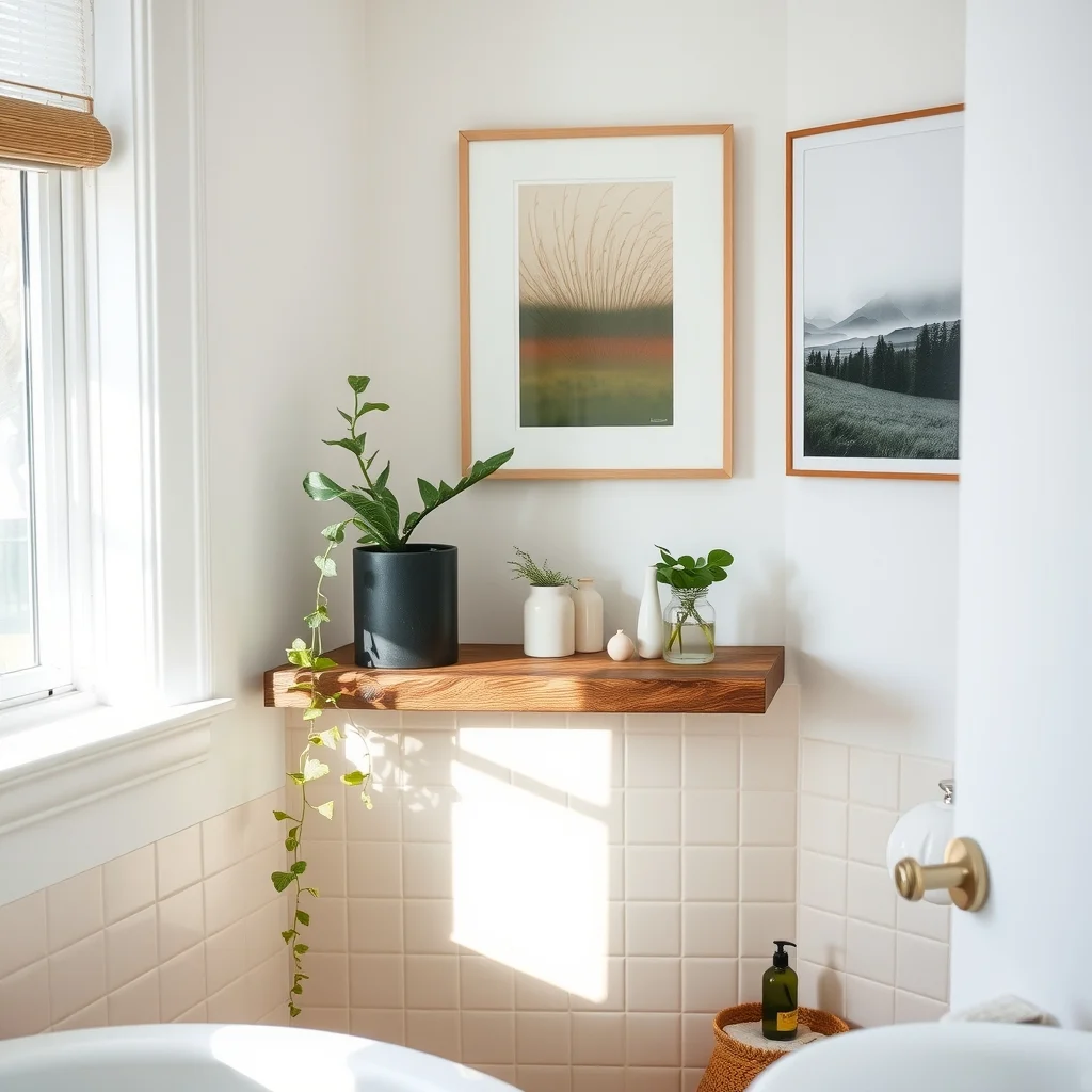 Corner of bathroom featuring a small potted fern on a reclaimed wood ledge trailing pothos in a glass jar earthy terracotta tiles gentle diffused sunlight