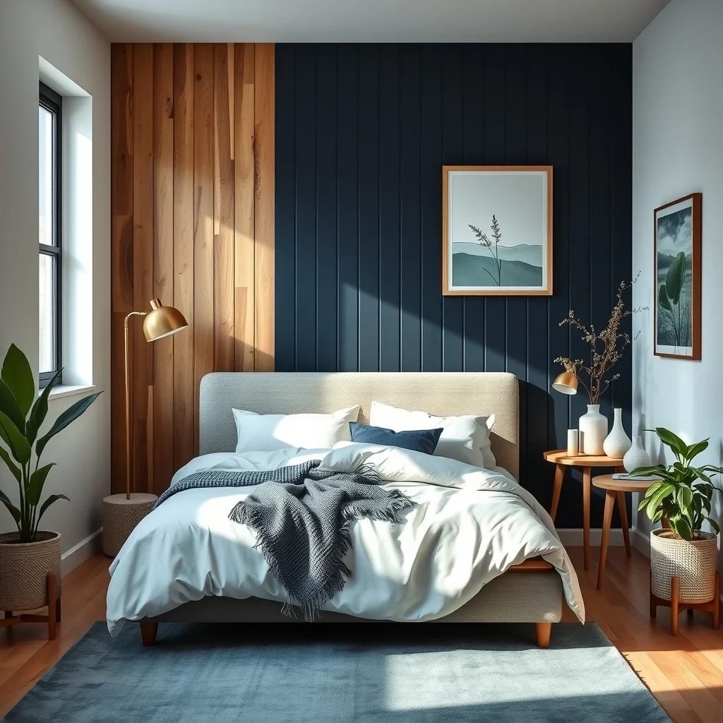 Cozy bedroom featuring a single reclaimed wood panel wall with vertical beadboard texture deep navy accent soft ivory bedding brushed brass floor lamp casting gentle glow and a muted teal rug