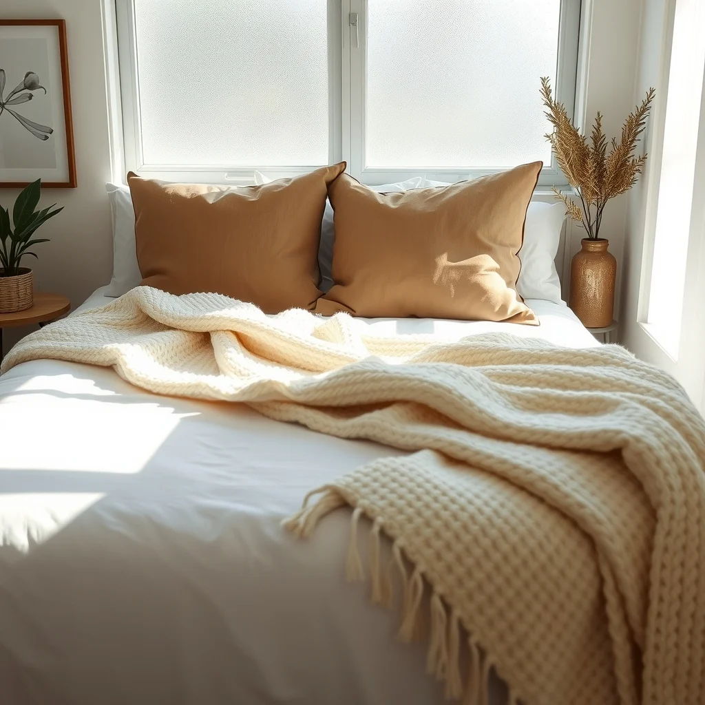 Cozy bedroom vignette crisp white linen duvet topped with a plush ivory chunky knit blanket flanked by muted taupe pillows soft natural light streams from a frosted window emphasizing texture