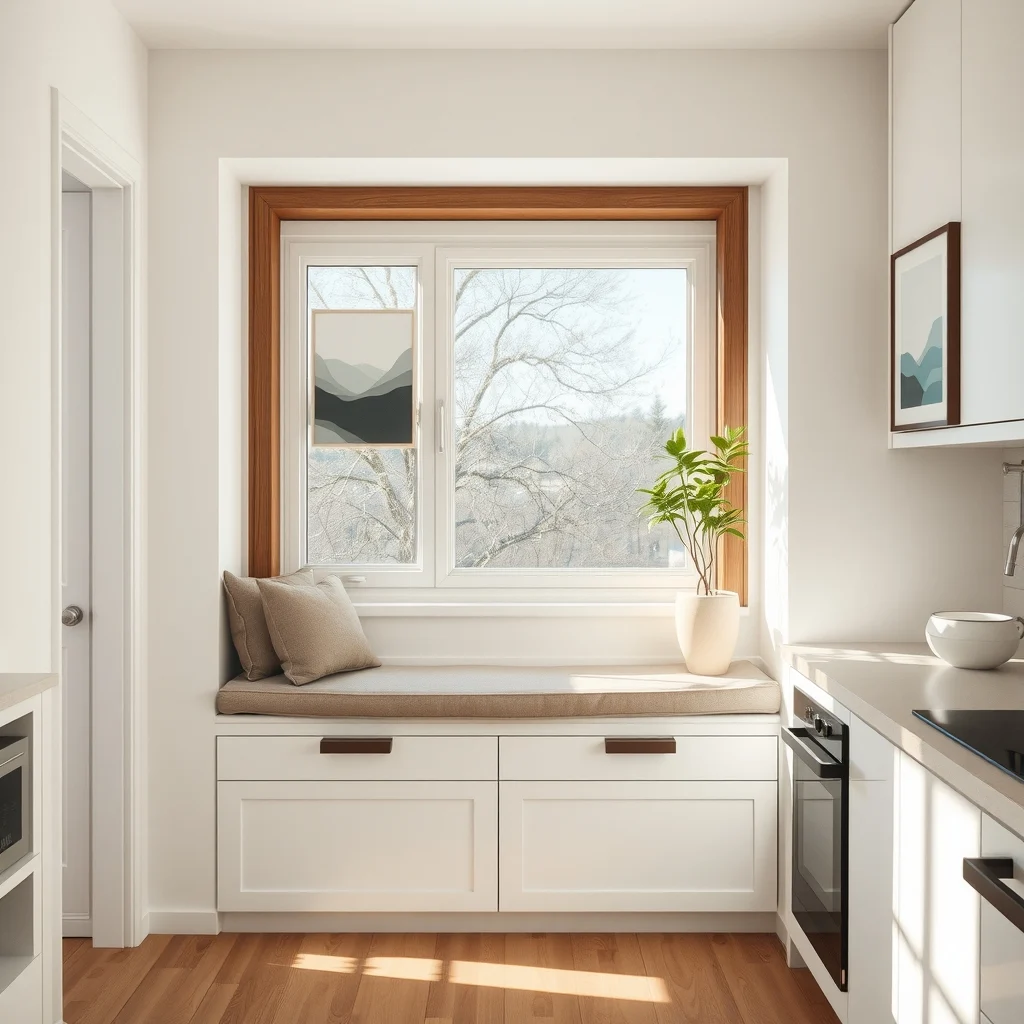 Cozy built in window seat in a sunlit kitchen plush taupe cushion walnut frame recessed storage drawers soft morning light wide angle minimalist Scandinavian style