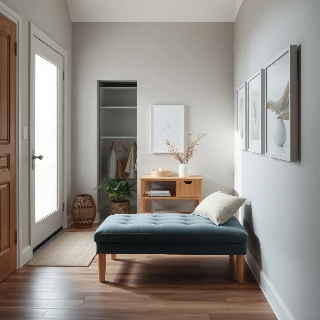 Cozy entry with a low solid oak bench upholstered in muted teal velvet placed against a light gray wall soft natural light streams from a frosted window revealing a discreet pull out closet
