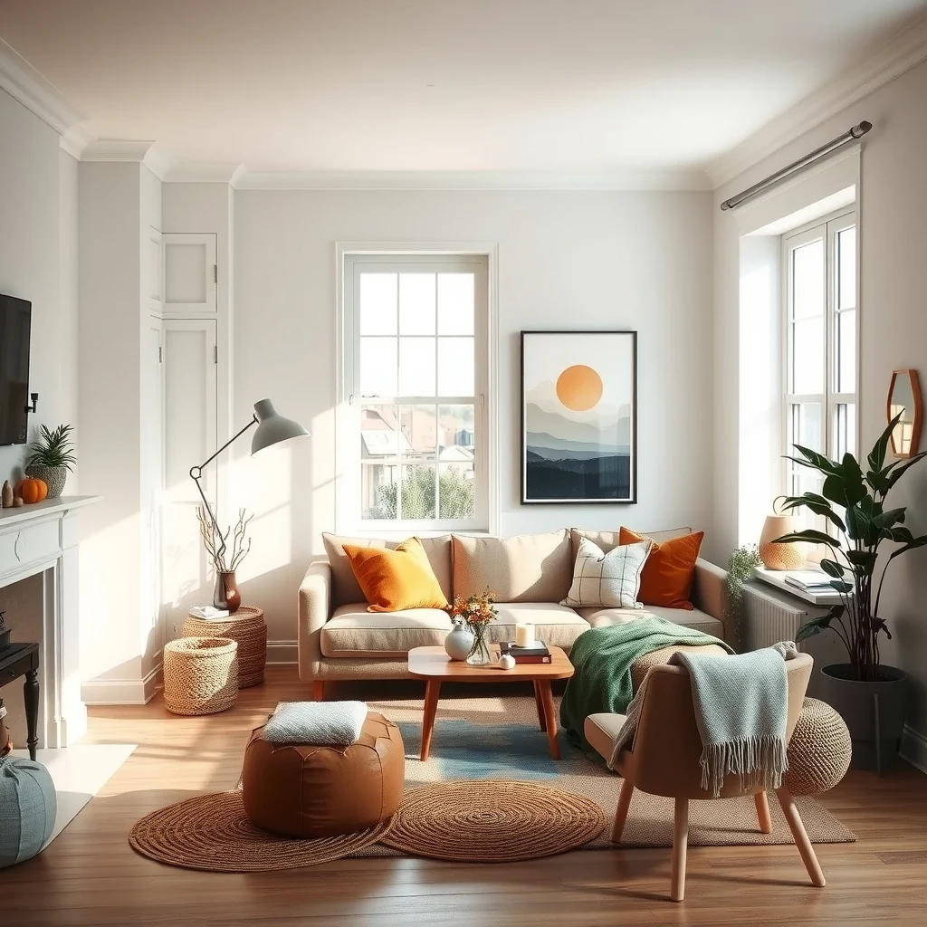 Cozy Fall Living Room Decor Ideas for Small Apartments interior: 2. Embrace Layered Lighting - Autumn evenings call for a softer glow, and layered lighting lets you control ambience without relying on a single, bright overhead fixture. A floor lamp placed beside the main seating offers a warm wash of