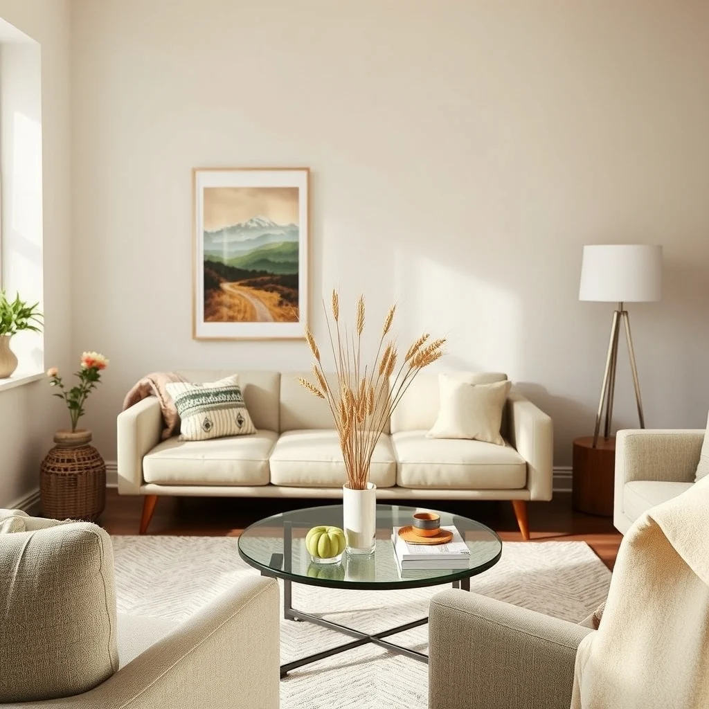 Cozy Fall Living Room Decor Ideas for Small Apartments interior: 4. Introduce Nature‑Inspired Accents - Bringing a touch of the outdoors inside reinforces the seasonal theme without crowding the space. A small arrangement of dried branches or a bundle of wheat placed in a simple glass vase adds texture and