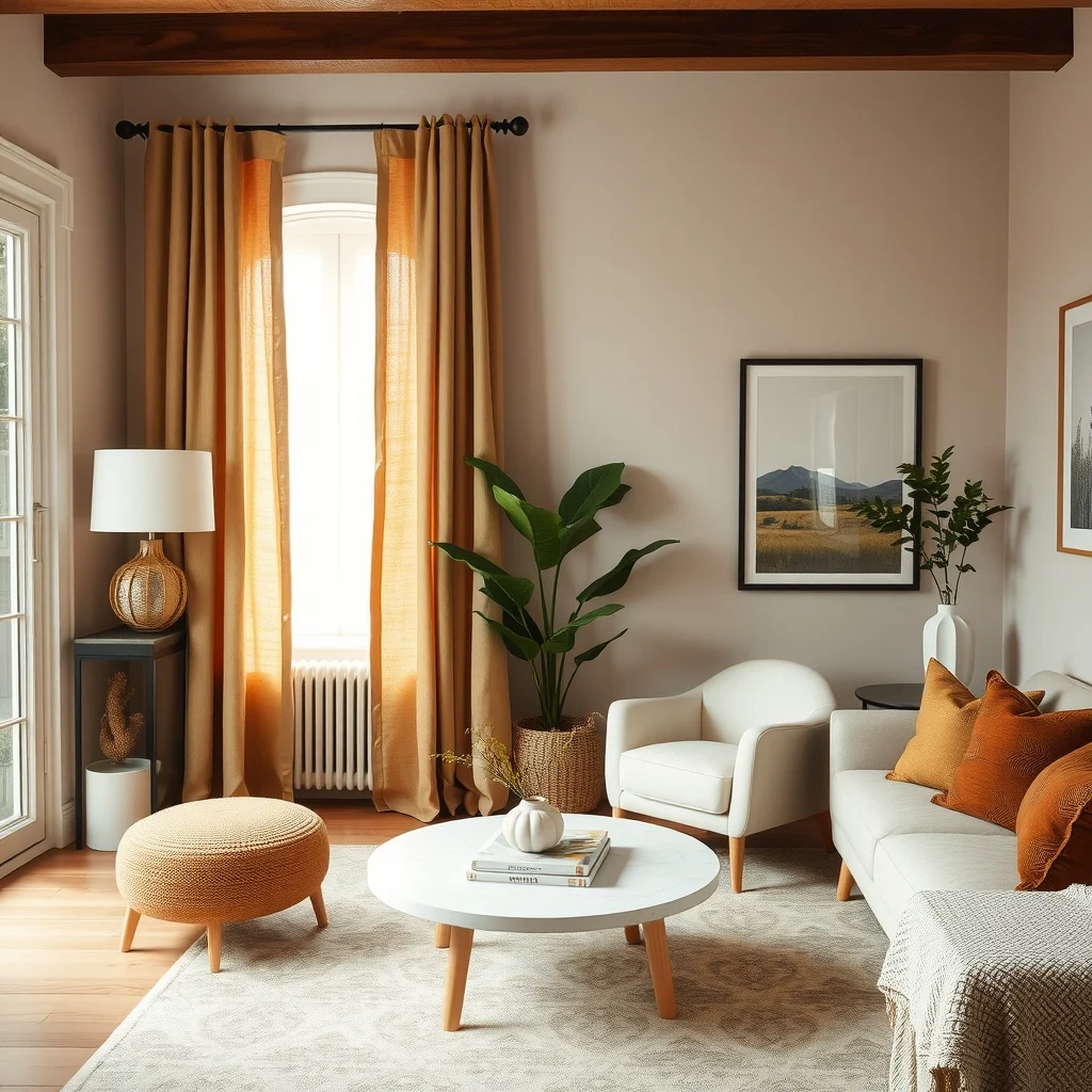 Cozy Fall Living Room Decor Ideas for Small Apartments interior: 6. Dress Windows with Heavier Fabrics - Window treatments do more than block drafts; they shape the room’s light quality. Swap out sheer curtains for a pair of linen drapes in a soft taupe or muted mustard, layering a sheer panel underneath
