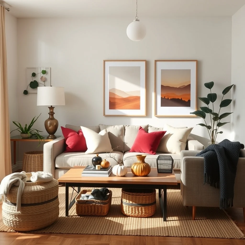 Cozy Fall Living Room Decor Ideas for Small Apartments interior: 7. Prioritize Declutter and Smart Storage - A tidy room feels larger, and strategic storage solutions keep seasonal décor from becoming visual noise. Decorative woven baskets placed under the coffee table can hold extra blankets, magazines, or small decorative items, keeping them