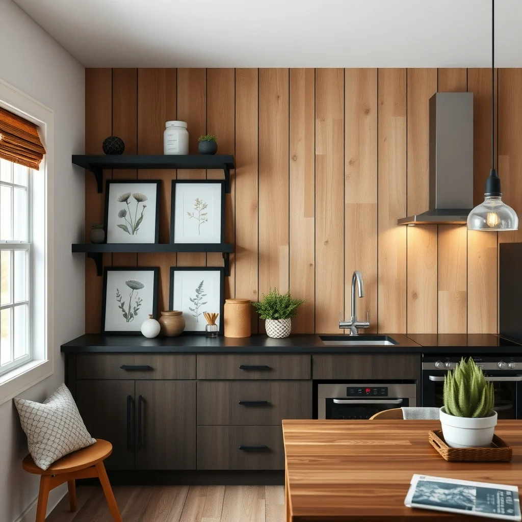 Cozy kitchen reclaimed barn wood paneling covering one accent wall weathered pine with visible knots warm amber lighting from pendant lamps brushed steel faucet matte black open shelving displaying botanical prints