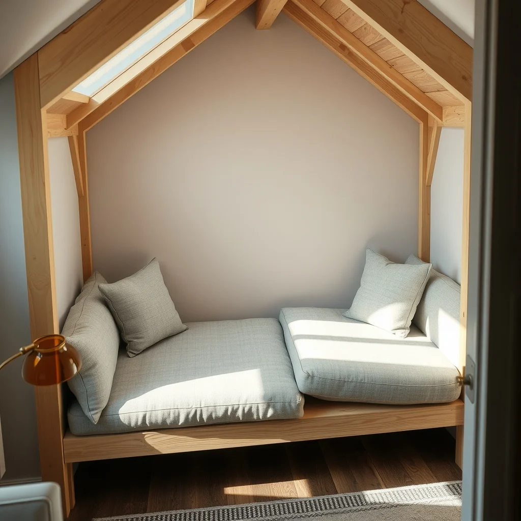 Cozy L shaped reading nook floor to ceiling pine frame neutral gray linen upholstery two square cushions warm amber lamp on side soft shadows vignette from corner looking down