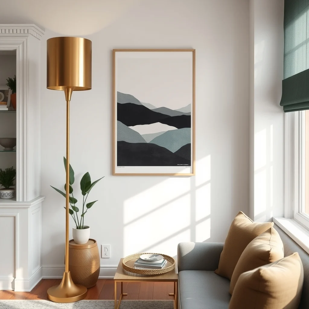 Cozy living area with a brushed brass floor lamp tall cylindrical shade