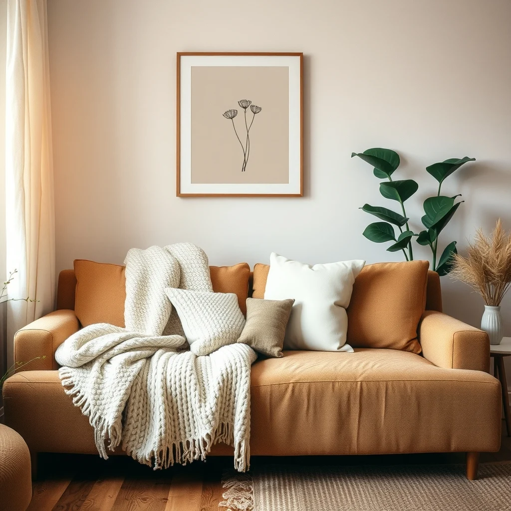 Cozy living room vignette plush low pile sofa in warm taupe draped with a chunky ivory knit throw soft cream cushions muted amber lighting abstract botanical print above emphasizing layered textiles
