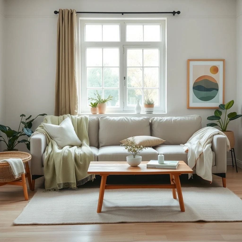 Cozy living room with linen throws in soft sage and pale blush draped over a mid century sofa light wood coffee table natural light from large window minimal boho modern style