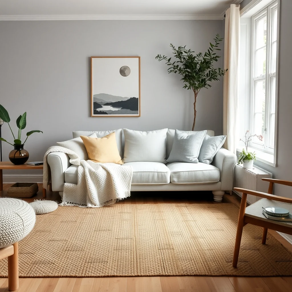 Cozy lounge featuring a cheap linen sofa draped with a plush boucle throw a woven wool rug and linen cushion covers in ivory dove gray and