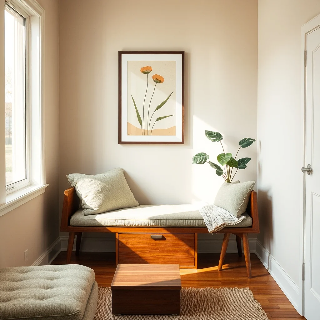 Cozy mid century modern window seat with plush sage cushion shallow walnut box beneath soft natural light from adjacent window botanical abstract print above warm tones wide angle view