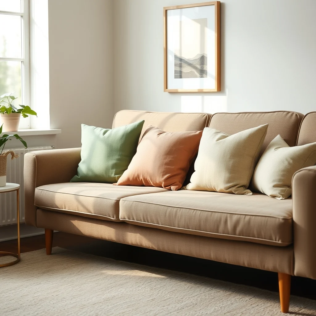 Cozy mid century sofa in muted taupe adorned with three pastel throw pillows sage green linen blush velvet buttery wheat linen arranged in a close up vignette natural daylight from a nearby window