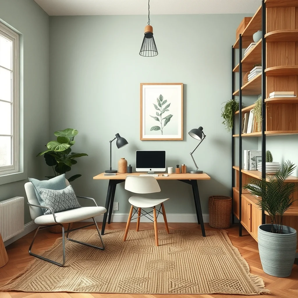 Cozy nook transformed into productive space anchored by jute rug layered pendant and task lighting tall oak shelves soft sage accent wall and a single botanical print above desk