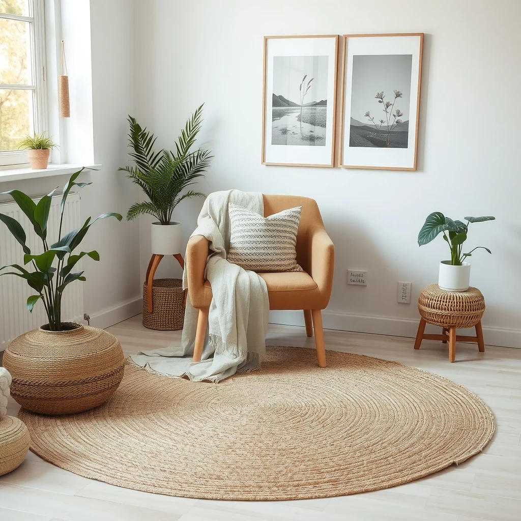 Cozy reading corner with a natural jute rug linen throw draped over a soft taupe armchair and a small woven pillow featuring