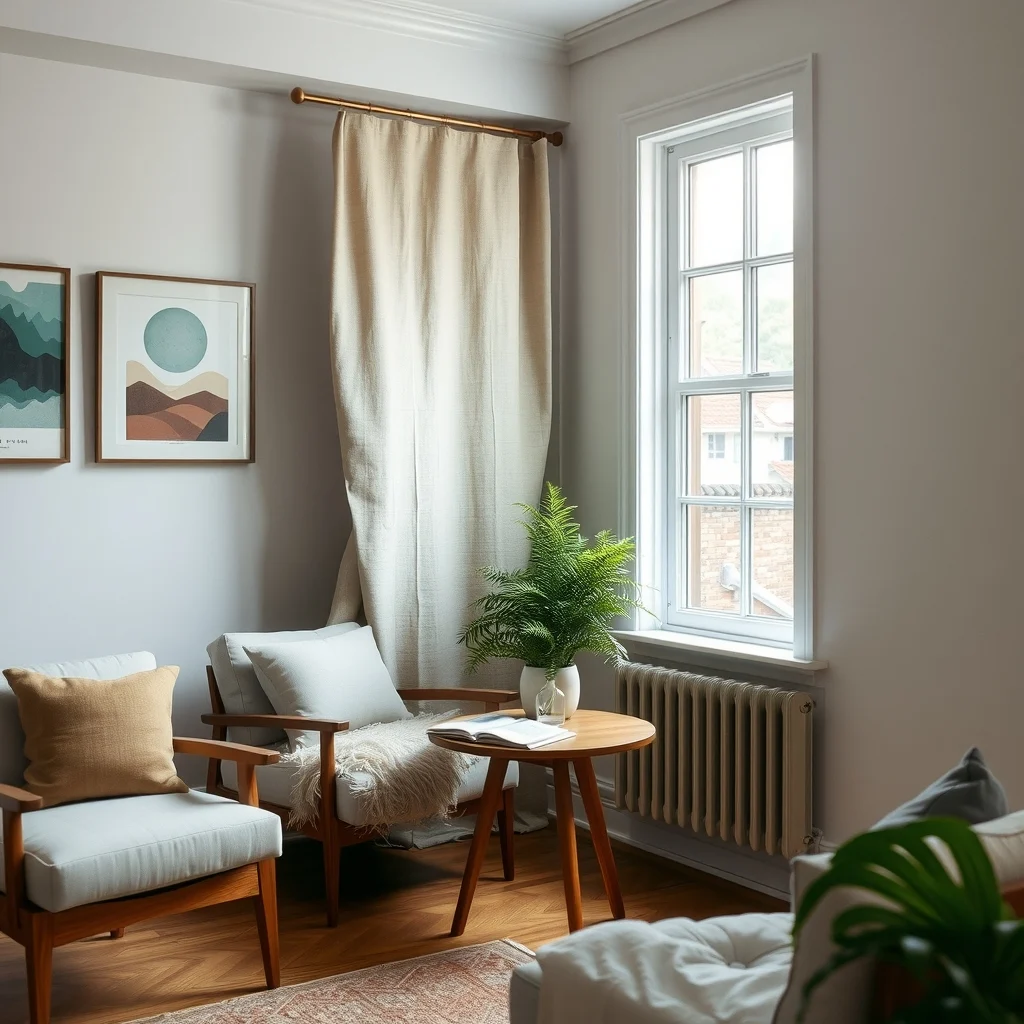 Cozy reading nook features brushed linen greige fabric panels stretched over slim walnut frames soft natural light filters through a nearby window highlighting a teak side table and a green potted fern