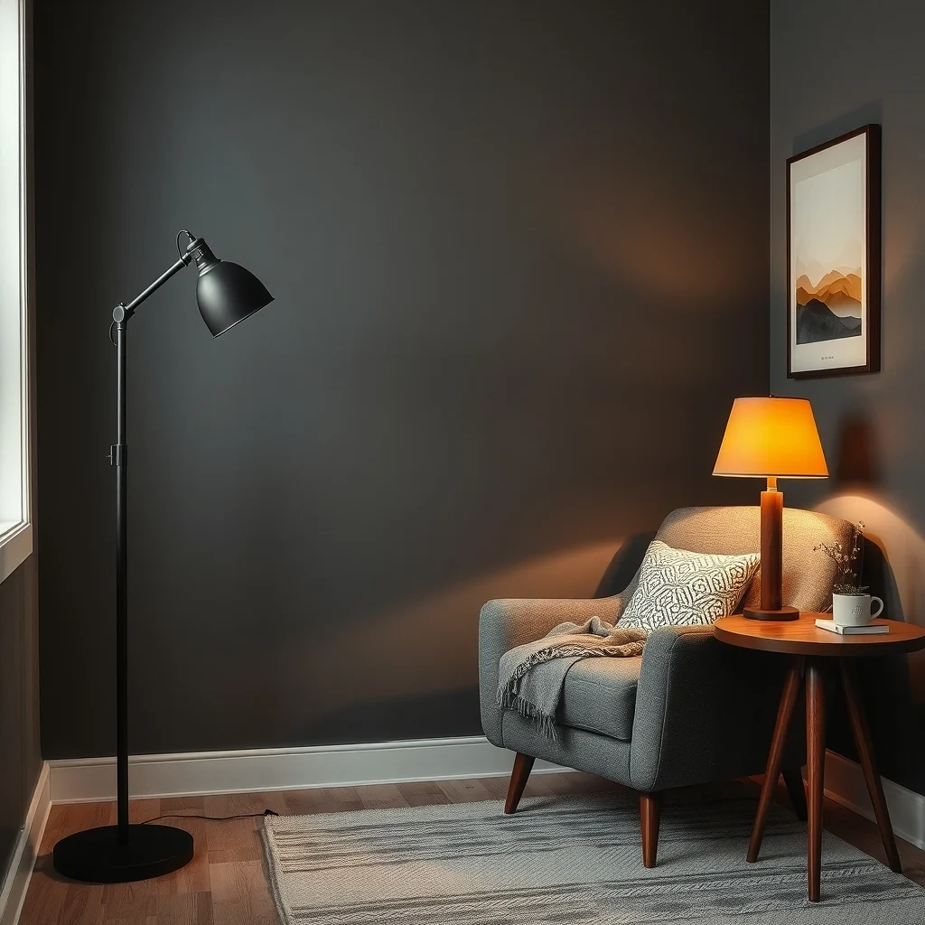 Cozy reading nook featuring a sleek matte black floor lamp beside a plush armchair warm amber table lamp on a walnut side table layered lighting casting soft shadows backdrop of muted charcoal wall