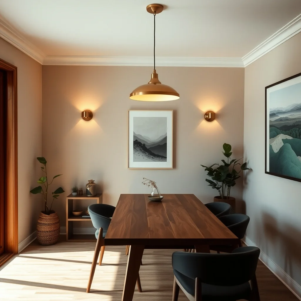 Cozy small dining room warm overhead pendant illumination paired with twin brushed brass wall sconces casting soft amber glow sleek walnut table muted greige walls subtle shadows enhancing intimate mood