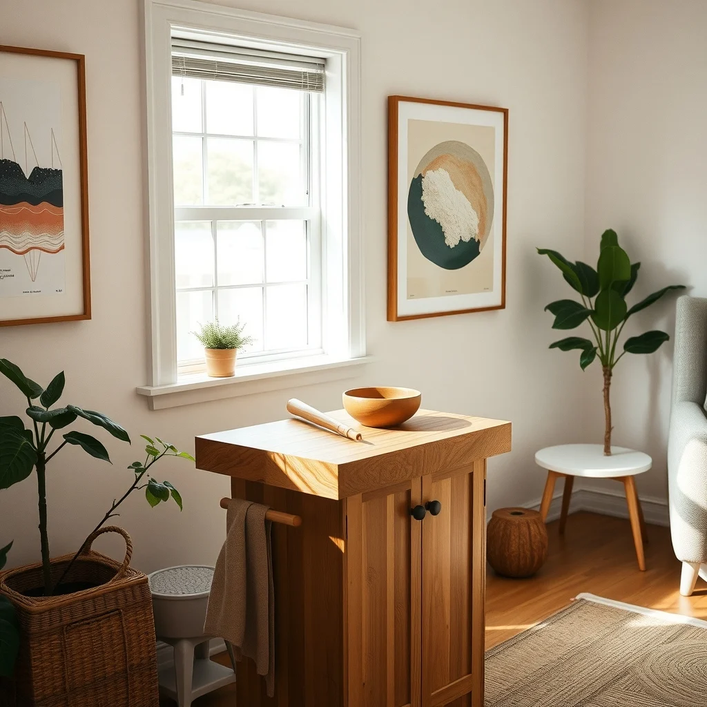 Cozy vignette of a compact maple butcher block island natural grain visible topped with a wooden cutting board rolling pin and ceramic bowl daylight streams from a side window emphasizing texture
