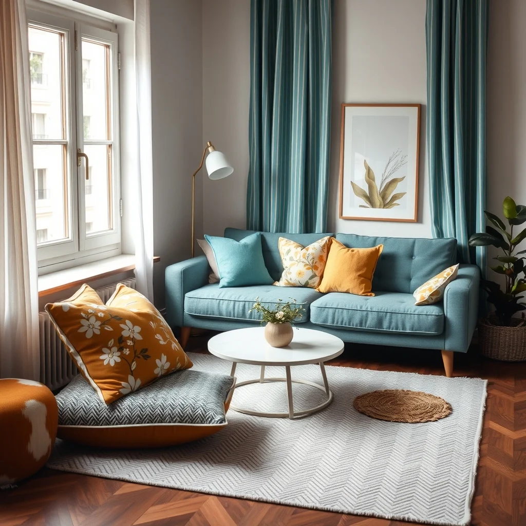 Cozy vignette showcasing a soft gray herringbone rug layered with mustard floral throw pillows teal striped curtains and a muted teal blue linen sofa warm ambient