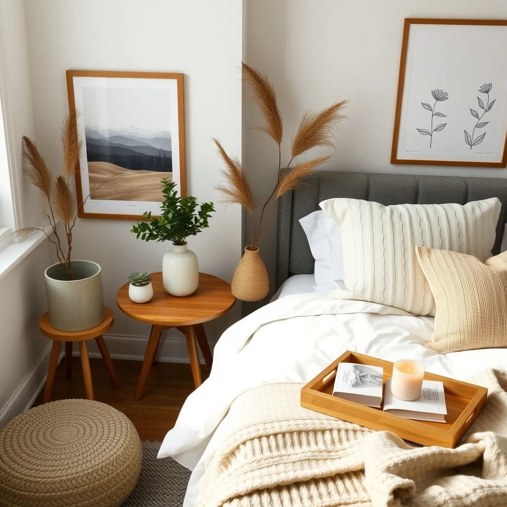Cozy Winter Bedroom Decor Ideas for a Warm and Relaxing Retreat interior: 5. Add Natural Elements for Seasonal Balance - Bringing in elements like reclaimed wood, stone, or indoor plants softens the starkness of winter. A small wooden tray on the nightstand holds a candle and a book, adding a rustic touch that ages gracefully.