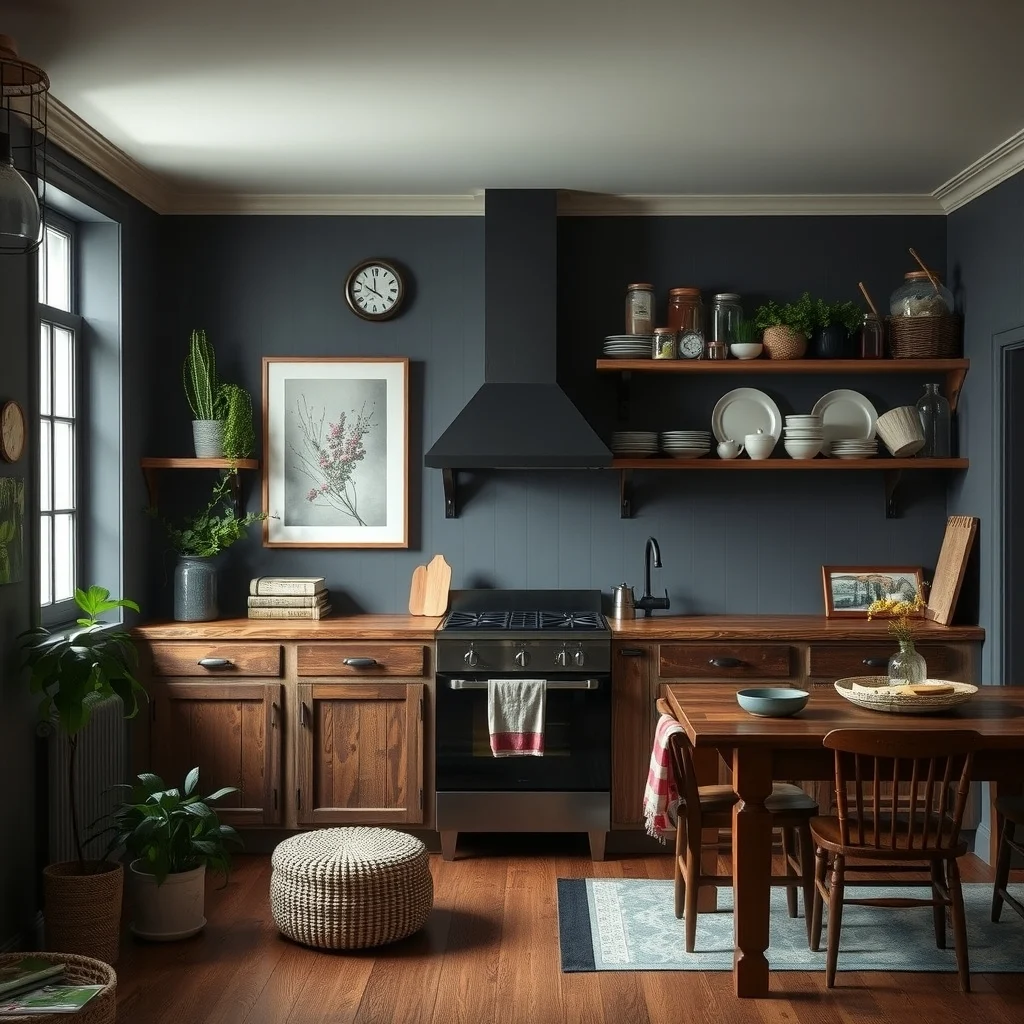 Dark Cottagecore Kitchen Ideas With Vintage Charm and Moody Colors interior: 4. Add Open Shelving for Curated Vintage Finds - Open shelves break up the solidity of cabinet walls and give you a stage for heirloom plates, mason jars, and copper pots. Installing reclaimed wooden planks on sturdy brackets creates a rustic look that aligns