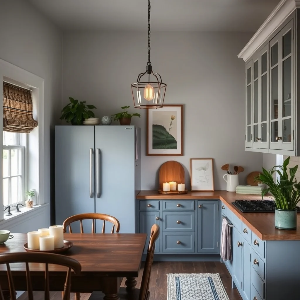 Dark Cottagecore Kitchen Ideas With Vintage Charm and Moody Colors interior: 5. Incorporate Low‑lit Candle Clusters and Dimmed Fixtures - Lighting sets the emotional tone of any kitchen. Instead of harsh overhead fluorescents, opt for a dimmable pendant over the island and a few clusters of unscented candles on the countertop. Warm amber bulbs mimic