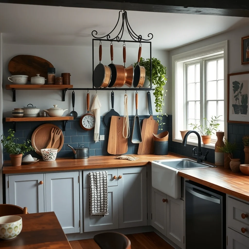 Dark Cottagecore Kitchen Ideas With Vintage Charm and Moody Colors interior: 6. Use ‑Forged Iron Pot Racks for Functional Display - Storing cookware on a wall‑mounted iron rack keeps the countertop clear and turns everyday tools into decorative elements. ‑forged pieces often feature subtle imperfections that celebrate craftsmanship, aligning with the cottagecore love of the imperfect.