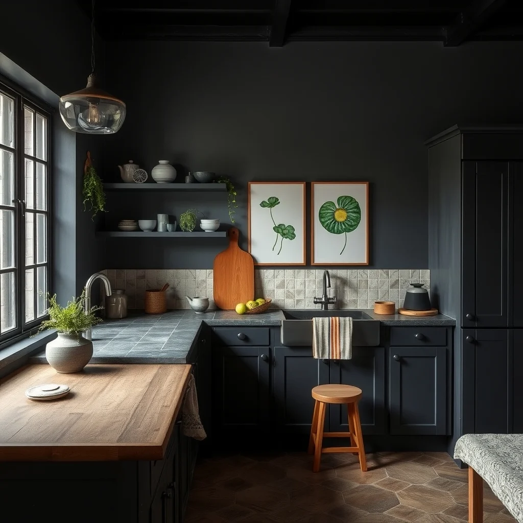 Dark Cottagecore Kitchen Ideas With Vintage Charm and Moody Colors interior: 7. Finish with Patinated Stone Countertops and Simple Backsplash - A countertop made of reclaimed slate or honed limestone adds a tactile surface that feels cool under and durable under knives. The natural veining of stone introduces subtle pattern without competing with other decorative